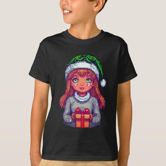 クリスマスの女の子 ドット絵 ギフト Tシャツ (正面)