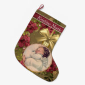 クリスマスの女の赤ちゃんの天使の金ゴールドのオーナメントの花柄 ラージクリスマスストッキング (正面 (吊り時))