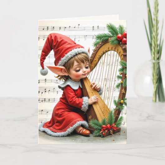 クリスマスの妖精がハープを演奏 カード (正面)