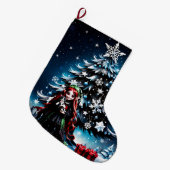 クリスマスの妖精と子猫。 ラージクリスマスストッキング (正面 (吊り時))
