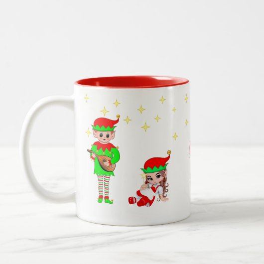 クリスマスの妖精、エルフと星 ツートーンマグカップ (左)