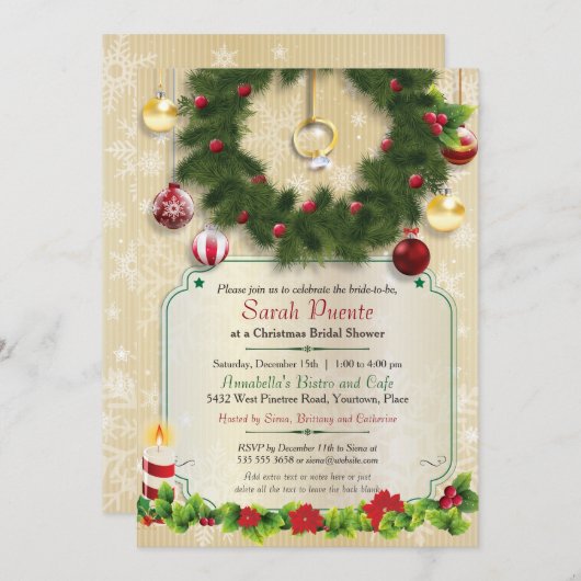クリスマスの婚約指輪のリースのブライダルシャワー 招待状 (正面/裏面)
