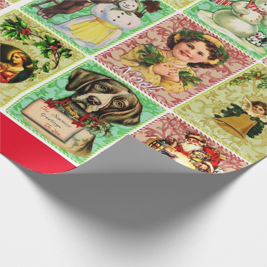 クリスマスの子ども動物のヴィンテージビクトリアンアート ラッピングペーパー (角)