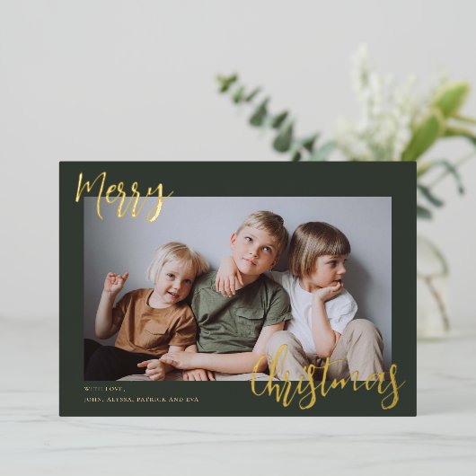 クリスマスの子供たちの写真 箔シーズンカード (立ち正面)