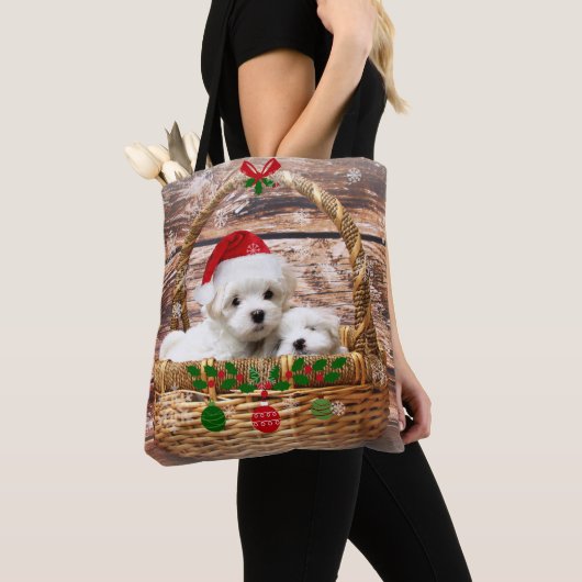 クリスマスの子犬たち、可愛い トートバッグ (クローズアップ)