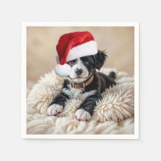 クリスマスの子犬とファー枕 スタンダードカクテルナプキン (正面)