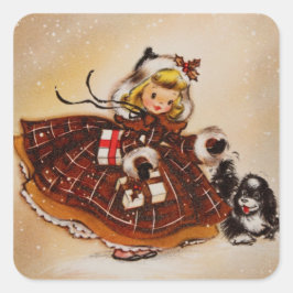 クリスマスの子犬と女の子 スクエアシール