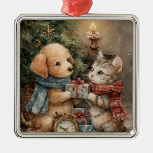 クリスマスの子犬と子猫のギフト メタルオーナメント (正面)