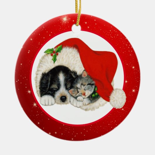 クリスマスの子犬と子猫 セラミックオーナメント (正面)