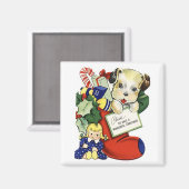 クリスマスの子犬のストッキングヴィンテージ磁石 マグネット (正面/裏面)