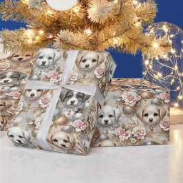 クリスマスの子犬のラッピング紙 – かわいい犬の顔 ラッピングペーパー