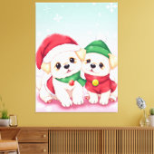 クリスマスの子犬の愛らしいフェスティバルハットアート キャンバスプリント (インサイチュ (リビング))