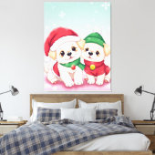 クリスマスの子犬の愛らしいフェスティバルハットアート キャンバスプリント (インサイチュ (寝室))