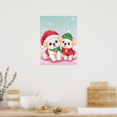 クリスマスの子犬の愛らしいフェスティバルハットアート ポスター (キッチン)