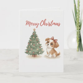 クリスマスの子犬カード クリスマスツリーと可愛い犬 カード