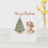 クリスマスの子犬カード クリスマスツリーと可愛い犬 カード (黄色い花)