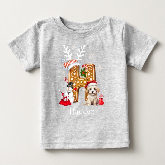 クリスマスの子犬ジンジャーブレッド名レターH男の子 ベビーTシャツ (正面)