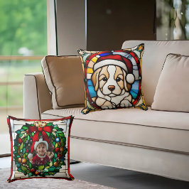 クリスマスの子犬フェイクのステンドグラス クッション