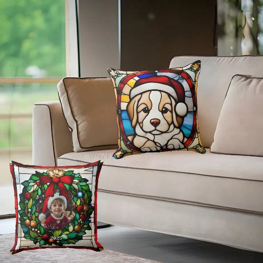 クリスマスの子犬フェイクのステンドグラス クッション