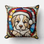 クリスマスの子犬フェイクのステンドグラス クッション (正面)