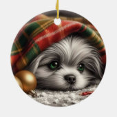クリスマスの子犬 – 悲しい目 セラミックオーナメント (裏面)