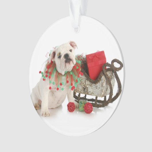 クリスマスの子犬-英国のブルドッグの子犬のモデル オーナメント (正面)