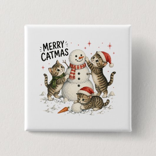クリスマスの子猫が雪だるまを作る 缶バッジ (正面)