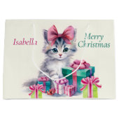 クリスマスの子猫に大きなピンクのリボン 名前を追加 ラージペーパーバッグ (正面)
