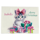 クリスマスの子猫に大きなピンクのリボン 名前を追加 ラージペーパーバッグ (裏面)