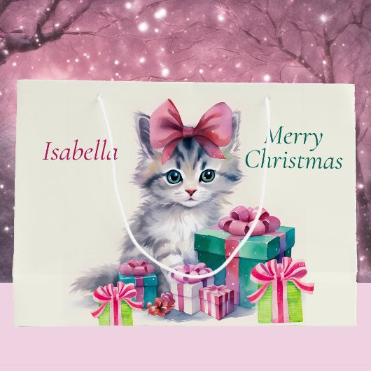 クリスマスの子猫に大きなピンクのリボン 名前を追加 ラージペーパーバッグ