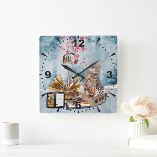 クリスマスの子猫を持つ無料の本 スクエア壁時計 (ホーム)