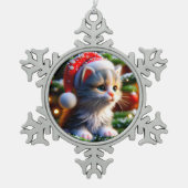 クリスマスの子猫 スノーフレークピューターオーナメント (正面)