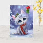 クリスマスの子猫+ミスルトー カード (黄色い花)