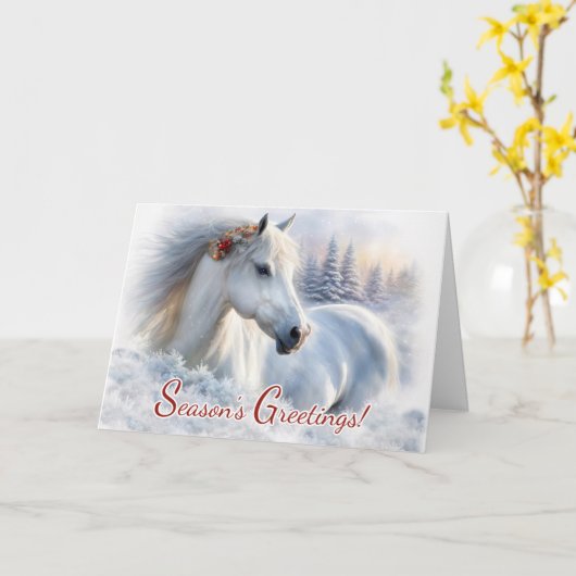 クリスマスの季節の挨拶 美しい馬 雪 カード (黄色い花)