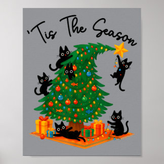 クリスマスの季節 クリスマスツリー かわいい黒猫 ポスター