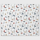 クリスマスの家の木、池または湖のパターン ラッピングペーパー (フラット)