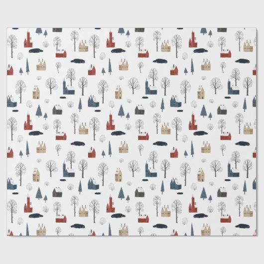 クリスマスの家の木、池または湖のパターン ラッピングペーパー (フラット)