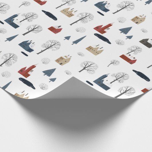 クリスマスの家の木、池または湖のパターン ラッピングペーパー (角)