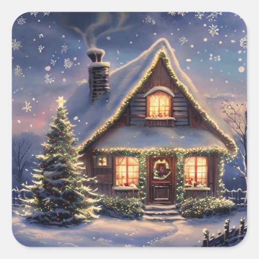 クリスマスの家の雪の冬の休日のステッカー スクエアシール (正面)