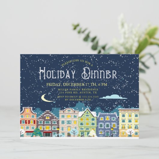 クリスマスの家の雪の日休暇の食事招待状 シーズンカード (スタンド正面)