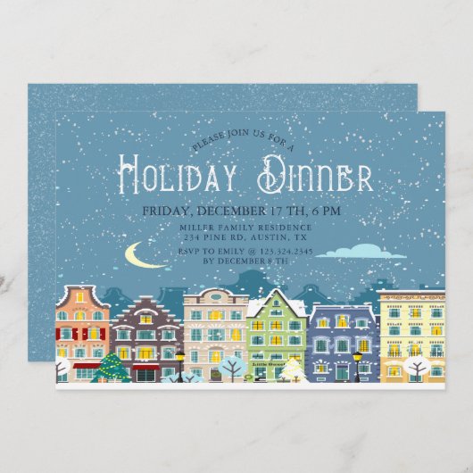 クリスマスの家の雪の日休暇の食事招待状 シーズンカード (正面/裏面)