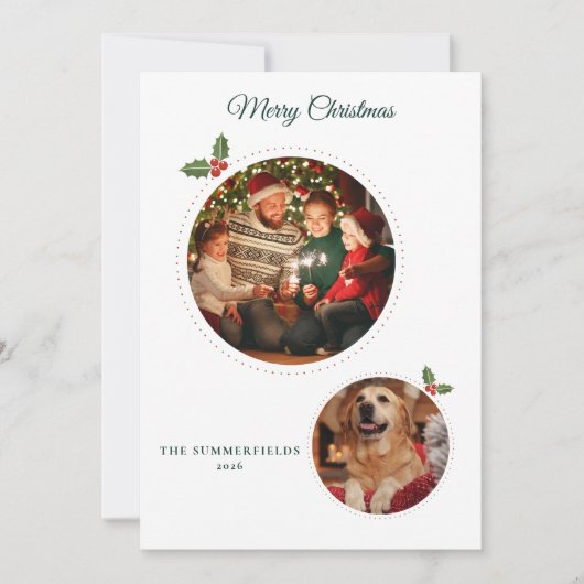 クリスマスの家族と犬の写真 ボタニカル シーズンカード (正面)