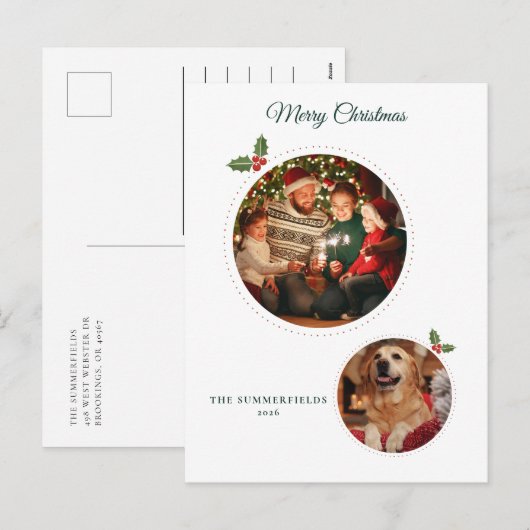 クリスマスの家族と犬の写真 ボタニカル シーズンポストカード (正面/裏面)