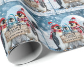 クリスマスの家族のペンギンと木製のサイン ラッピングペーパー (ロールコーナー)