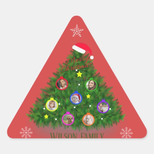 クリスマスの家族の写真ツリーの三角形 三角形シール (正面)