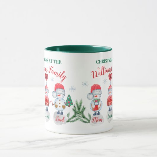 クリスマスの家族の名前キッズ雪だるま水色 マグカップ (中央)