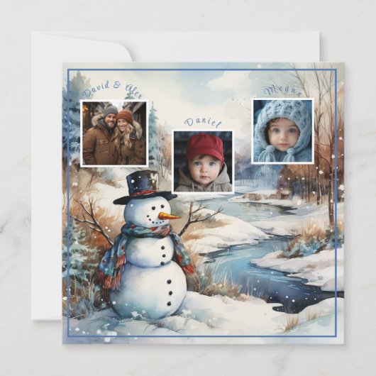 クリスマスの家族写真と雪だるまと冬の川 シーズンカード (正面)