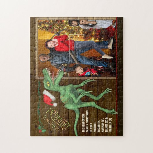 クリスマスの家族写真のおもしろいなヴェロキラプトルの恐竜 ジグソーパズル (縦)
