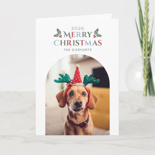 クリスマスの家族犬の写真と葉っぱ シーズンカード (正面)