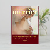 クリスマスの家族３人ギフト　妊娠　２枚の写真 箔招待状 (立ち正面)